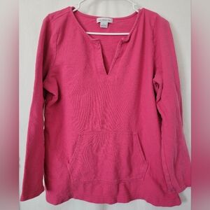 Liz Claiborne Women Pink V-Neck Sweatshirt Top Large Cotton Pocket Long Sleeves